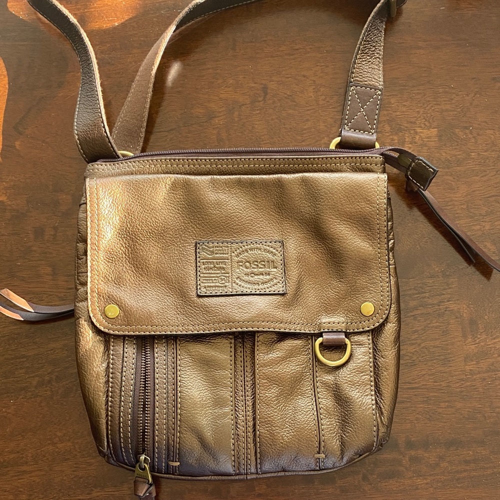 Fossil Brown Leather Messenger Crossbody with Brass Accents